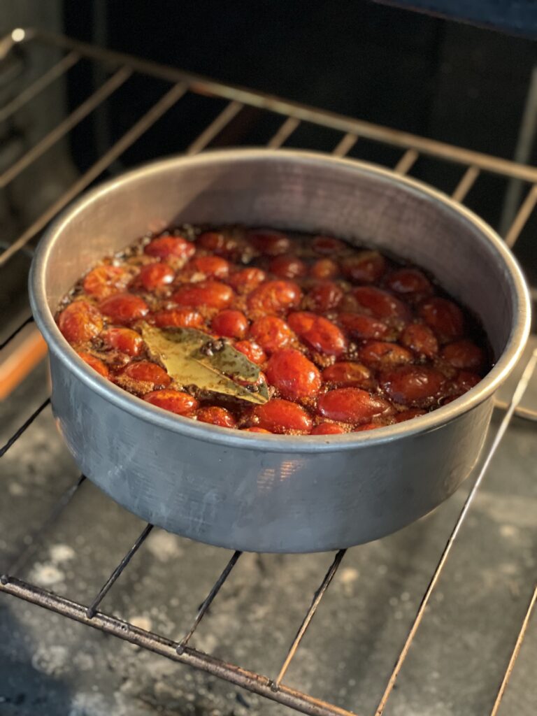 Cherry tomato confit in the oven.